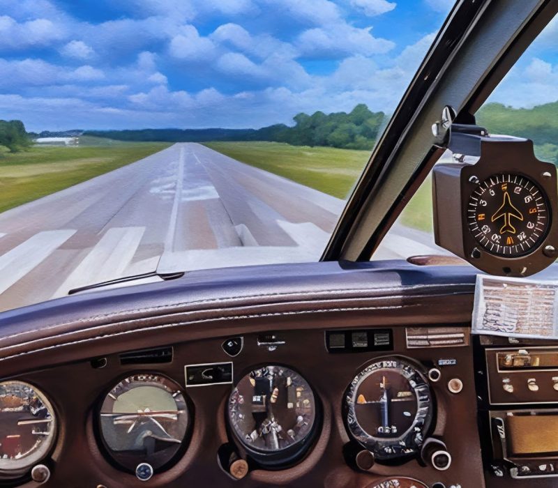 View from the cockpit of an aircraft, showing the dashboard with multiple instruments and gauges, while the plane approaches a wide runway ahead, surrounded by green fields and a blue sky with clouds.